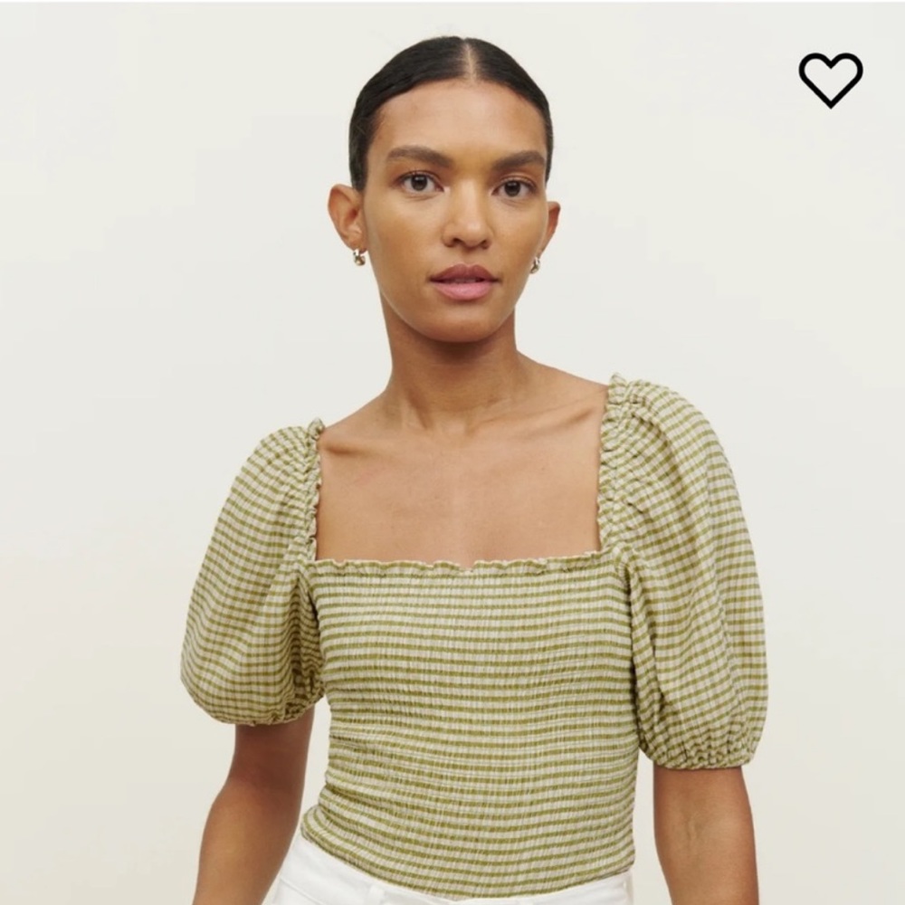 Reformation Olive Green Gingham Puff Sleeve Smocked Top